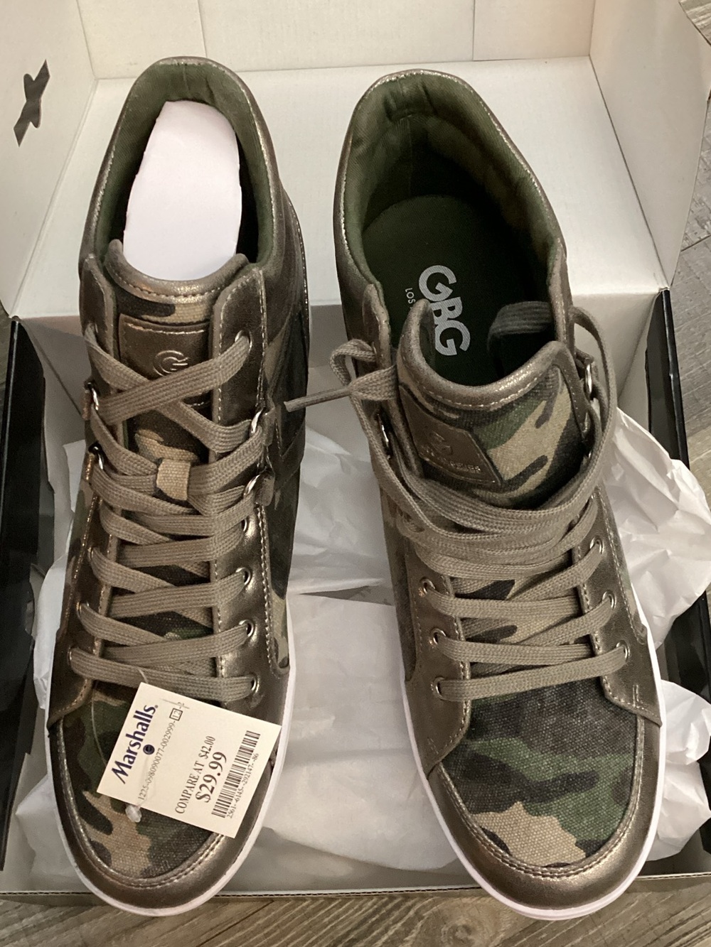G by Guess women’s Camouflage High-Top Sneakers in Olive and Brown